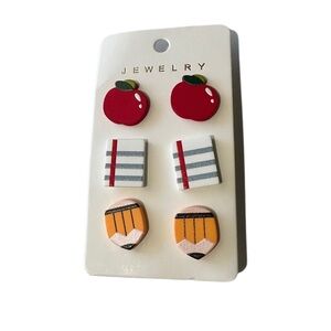 Fun Teacher Inspired Earrings with a Pencil, Notebook, and Apple Design.